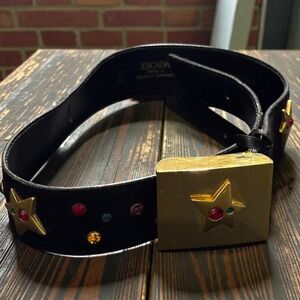 Escada VTG 90s Y2K Black Suede‎ Star Jewel Belt Maximalist Gold Buckle 38